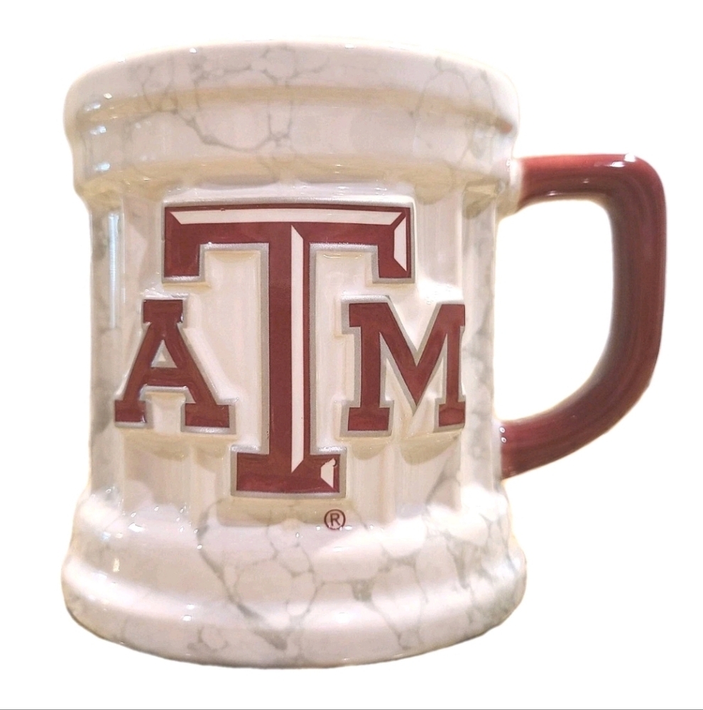 Texas A&M Aggies Pillar Coffee Mug 20 Ounce Gig Em' White Maroon Embossed